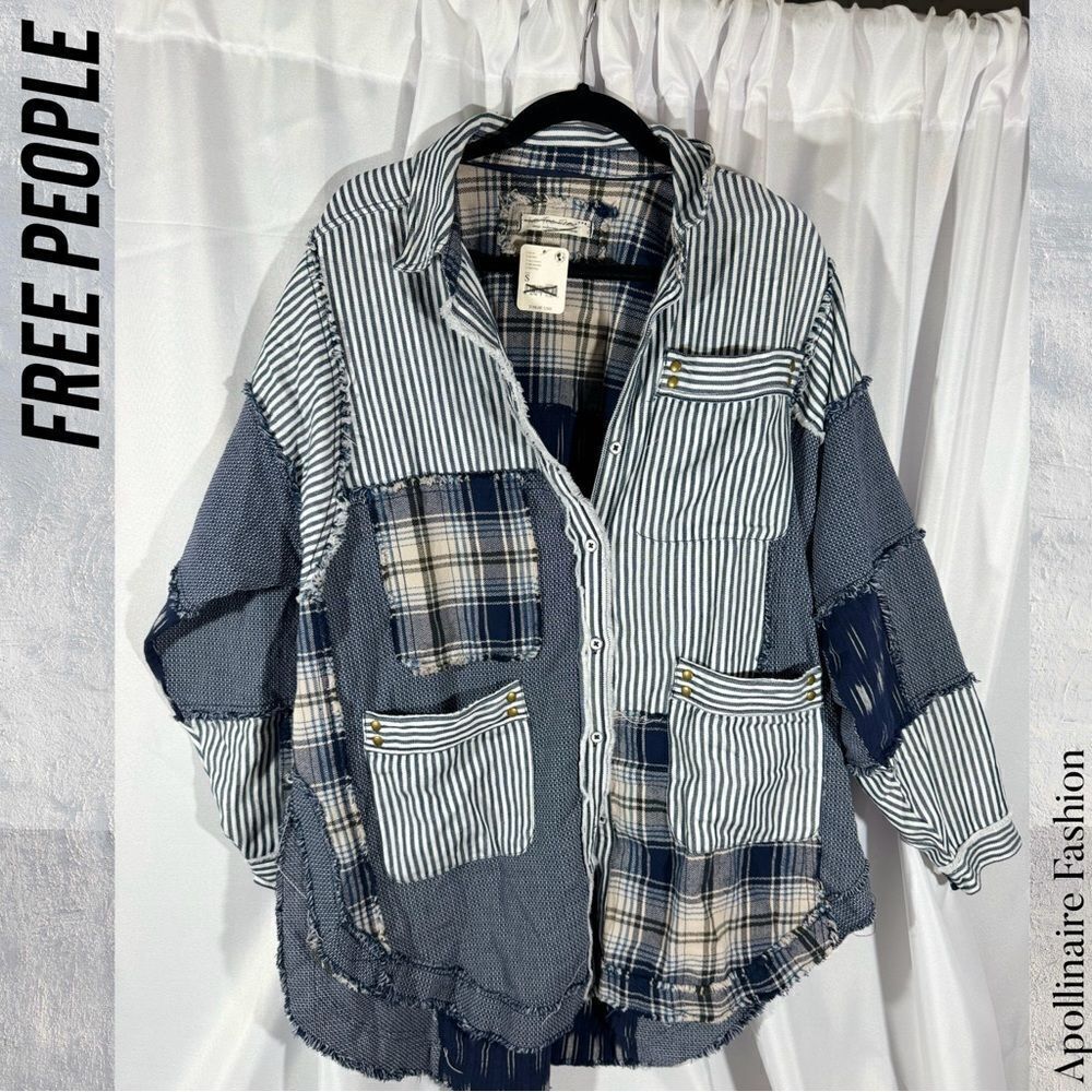 Free People Patchwork Button Down Shirt - Navy An… - image 3
